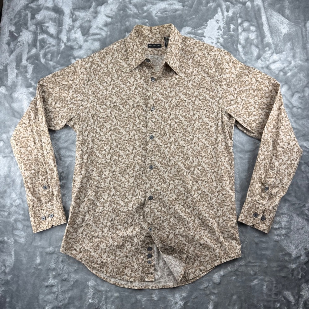 Vintage Structure Mens Medium Tan Geometric Circle Print Button Down Shirt 38-40